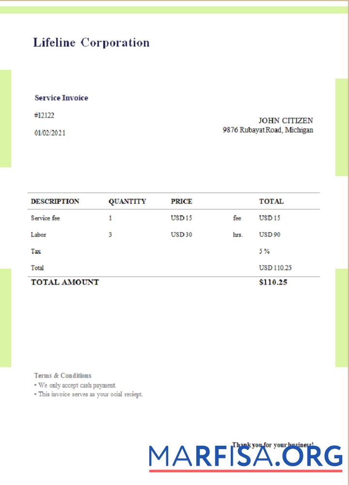 Blank USA Lifeline Corporation invoice template in Word and PDF format, fully editable, version 1